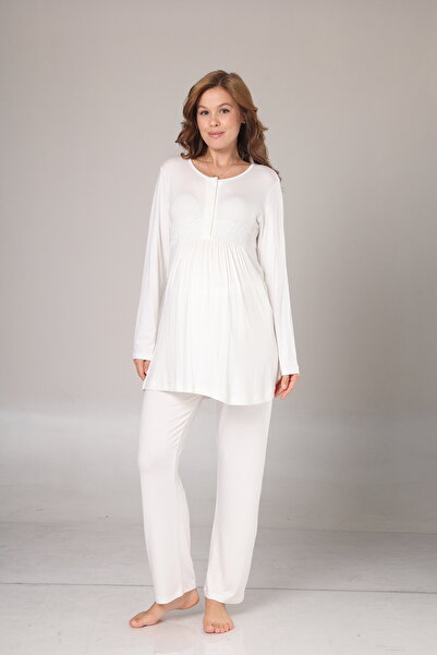 Nisy Collection Kışlık Bej Dokulu Sabahlıklı Lohusa Pijama Takımı