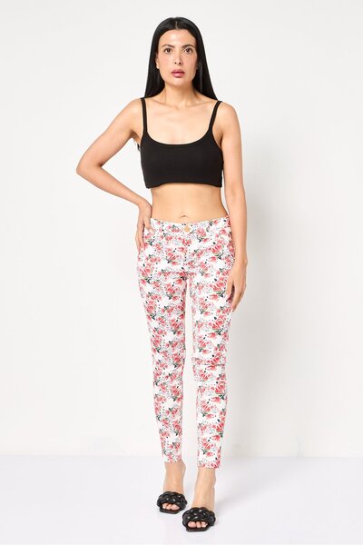 Reiko Women Cropped Fit Floral Print Chino Pants, Multicolor