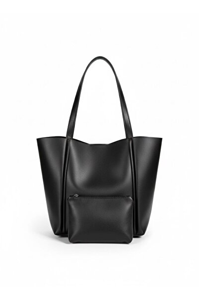 LAUGH BAG Siyah Büyük Omuz Çantası ve Makyaj Çantası Seti
