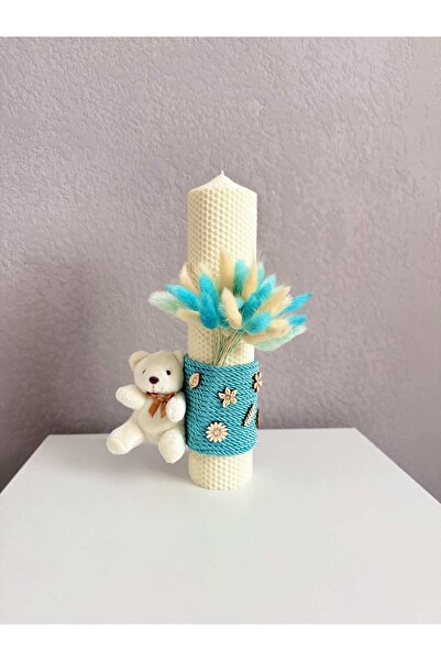 KidsMagazin Lumânare din ceară de albine cu flori uscate, culoare turcoaz cremos