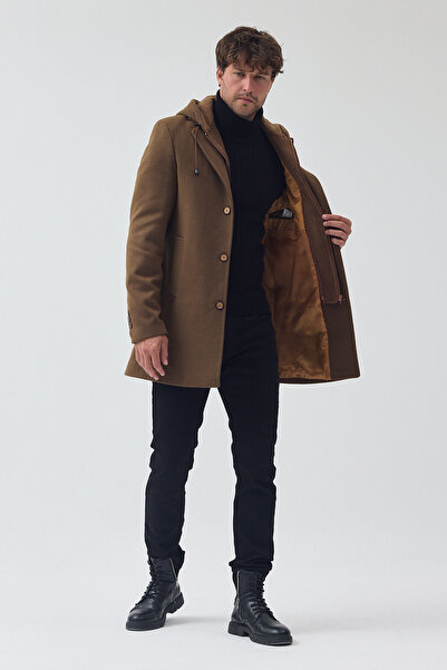 TREND KOMBİN Мъжко палто с качулка от вълна, полуподплатено, със стандартен десен в цвят табак и цип