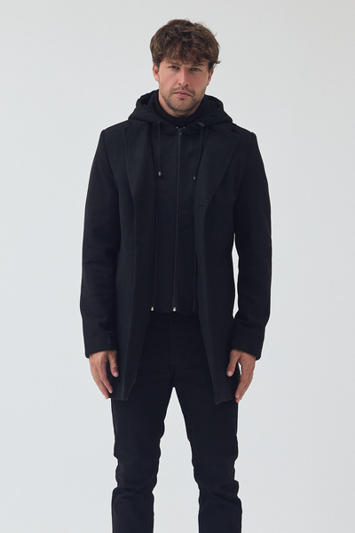 TREND KOMBİN Men's Black Color Standard Fit Zippered Half Quilted Hooded Cashmere Coat