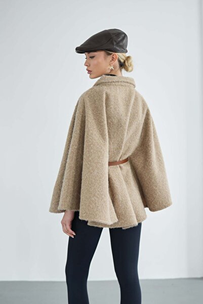 Molly Nelly Γυναικείο χειμερινό παλτό πόντσο με ζώνη με εφέ τσόχας