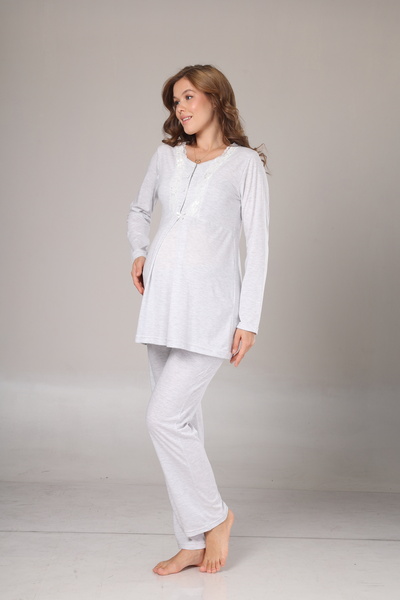 Nisy Collection Gray Melange Winter Maternity Pajama Set with Dressing Gown