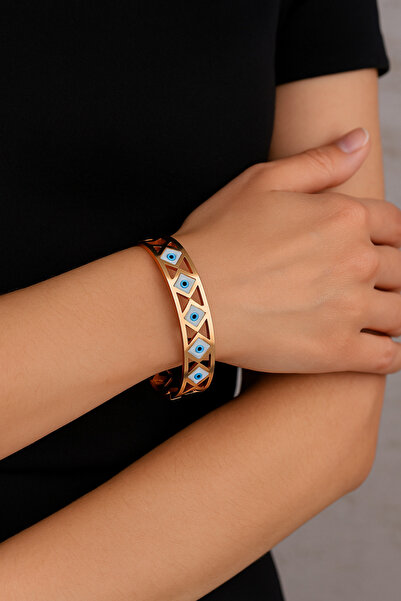 Kutcha Accessories Rose Gold Çelik Nazar Boncuklu Geometrik Kelepçe Bileklik