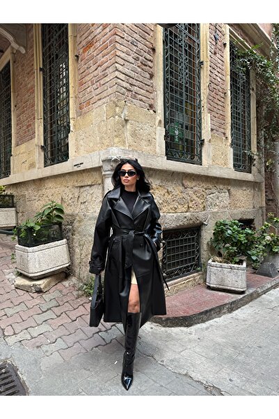 LB Laluna Butik Kadın Uzun Deri Trençkot