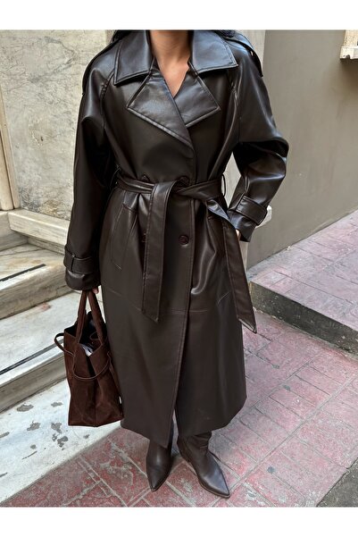 LB Laluna Butik Жіночий довгий шкіряний тренч