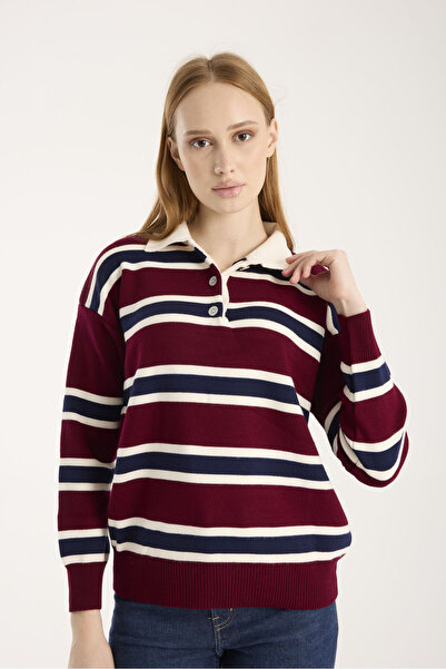 İLKCET MODA Striped Buttoned Collar Women's Knit Sweater