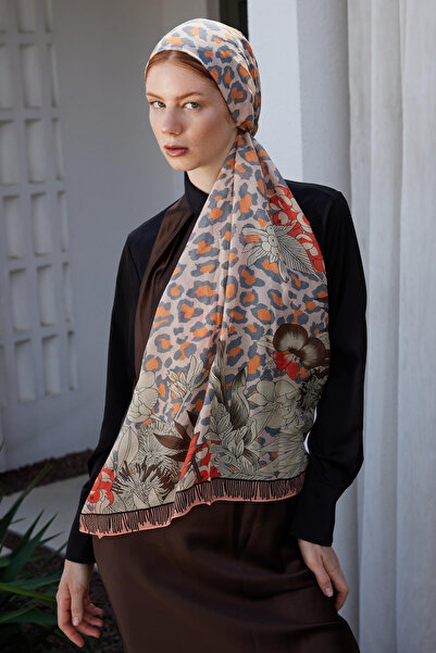 FENZA SCARF Leopar Desenli %100 Saf İpek Şal - Gri