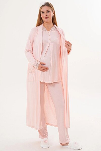 By Mecit Pijama Maternity Gauze Detailed Long Sleeve 3-Piece Pajama Set with Dressing Gown 65% Cotton 35% Viscose