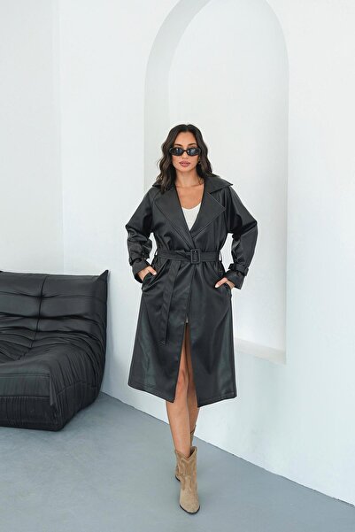 My Loore Palton din piele neagră cu detalii de curea căptușită