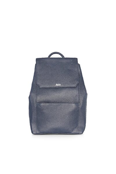 Abuba Alba Navy Blue Flap-Top Backpack - Medium Pebble Grain Leather Daypack for Women