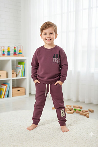 vovido Plum Colored 2 Thread Unisex Cotton Set (Sweatshirt & Sweatpants Set)