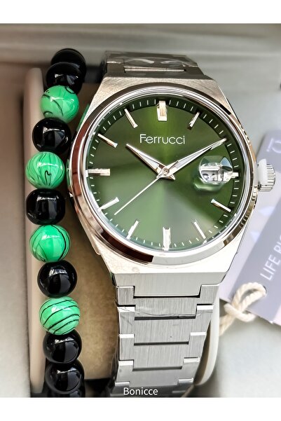 Ferrucci Men's Wristwatch, Silver Steel Band, Green Dial, Tavimli, with Bracelet Gift