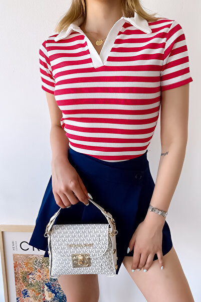 LACHT Women's Pink Striped Polo Neck Ribbed Knit Short Sleeve Blouse