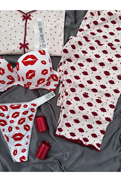 Lena Homewears Women's Patterned Berlin K Ribbed Knit Pajama Set with Underwear