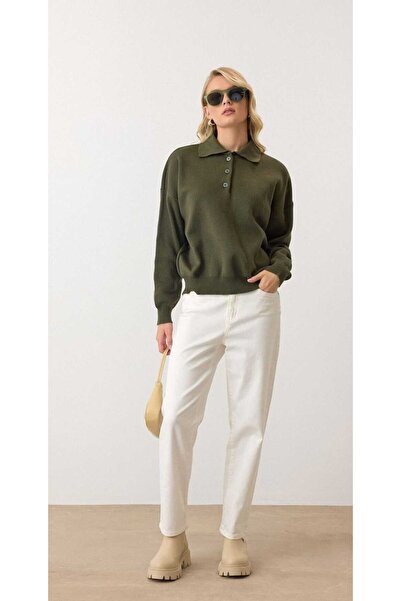 NOTCHTR Women's Plain Basic Button Detailed Polo Neck Knitwear Sweater