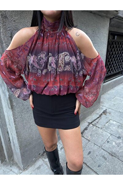 aytenli ياقة مرتفعة متوسطة الطول بلوزة شيفون بأكمام منتفخة مفتوحة على الكتفين...