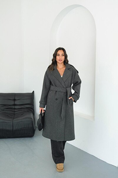 My Loore Kadın Antrasit Lüks Premium Kaşe Kaban