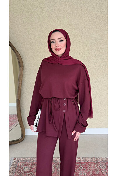 Miraydın Butik Women's Button Detailed Portable Belted Double Suit M5002 - Burgundy