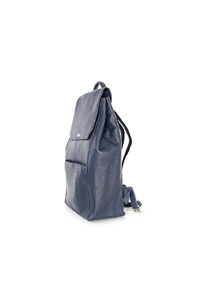 Abuba Alba Navy Blue Flap-Top Backpack - Medium Pebble Grain Leather Daypack for Women