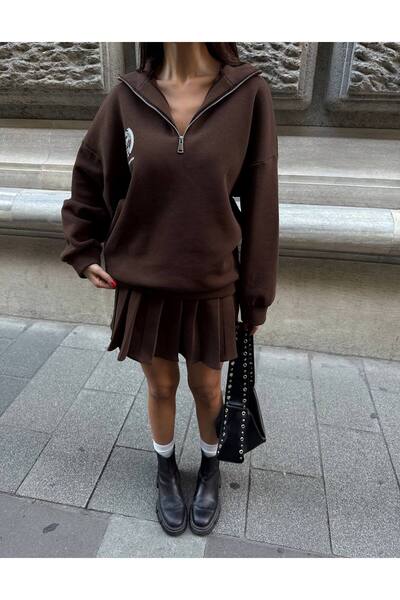 Julidress Coffee Oversized Zippered Sweatshirt and Mini Pleated Skirt Bottom Top Fleece-Lined Sets