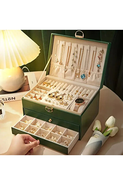 Büyük Hanım Faux Leather Green Jewelry Box with Double Drawer and Key