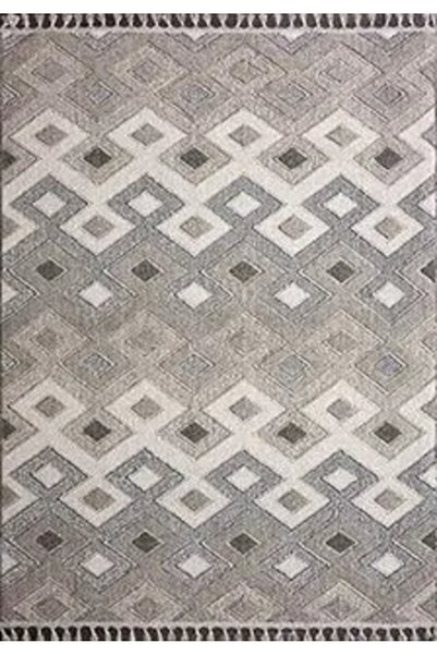 aren.HALI Blecher Geometrik Bej Polyester Kaydırmaz Tabanlı Makine Halısı