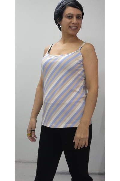 Mertcan Butik Blue Cream Latte Striped Rope Strap Combed Viscose T-Shirt
