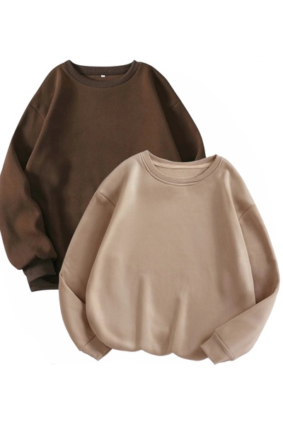 HerTarzınTrendi 2'li Unisex Basic 0 Sıfır Yaka Baskısız Düz Oversize Geniş Bol 3 Iplik %100 Pamuk Sweatshirt 2 adet