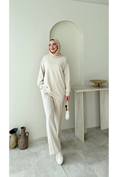Miraydın Butik Women's Hijab Green Trousers Double Set M7154 - Beige