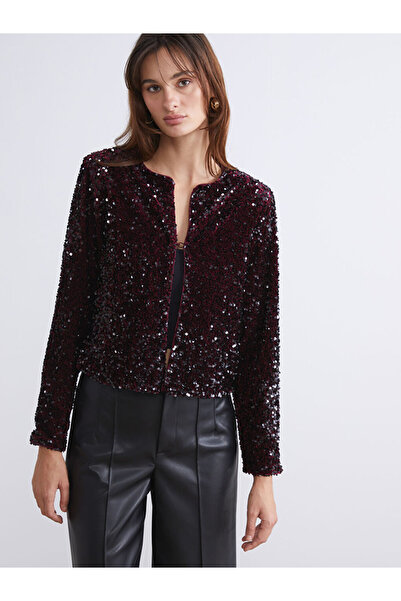 LC Waikiki Burgundy Crew Neck Sequined Women's Jacket