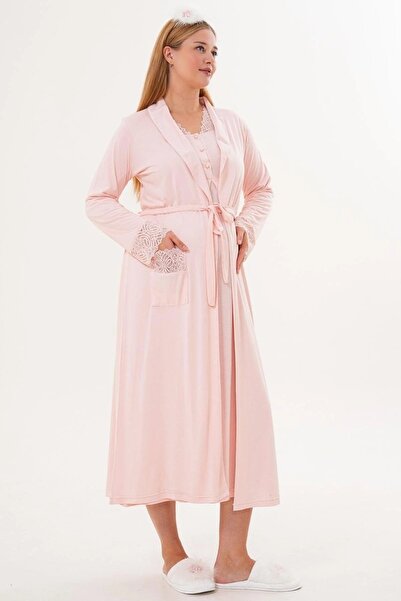 Mecit Pijama Women's Long Sleeve Guipure Detailed Dressing Gown Nightgown Pajamas 4-Piece Maternity Set 65% Cotton 35% Viscose