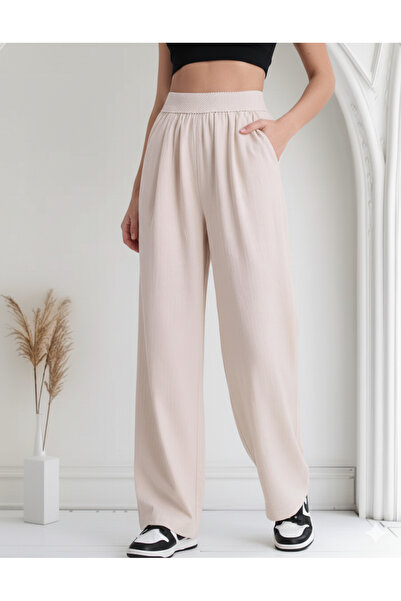 Barato Wide Elastic Natural Linen Stone Color Palazzo Pants