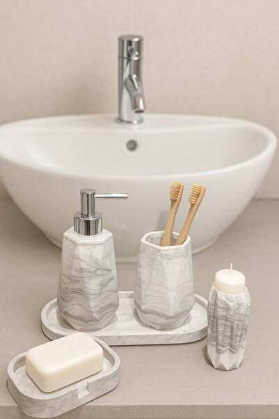 Elizovi Marble Patterned 5 Piece Premium Bathroom Set |   Soap Dish, Toothbru...