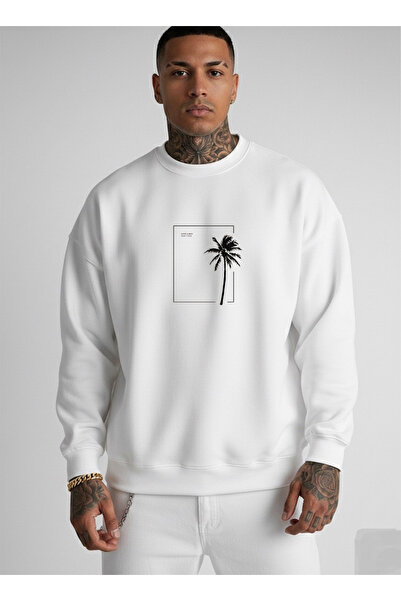 LORVEX Swea alb cu gât crew oversize pentru bărbați tricou PALM PATTERN imprimat