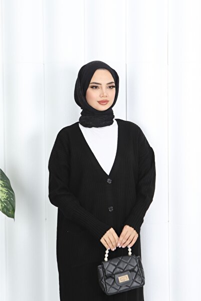 NİSUM MODA Long Knitted Cardigan with Pockets