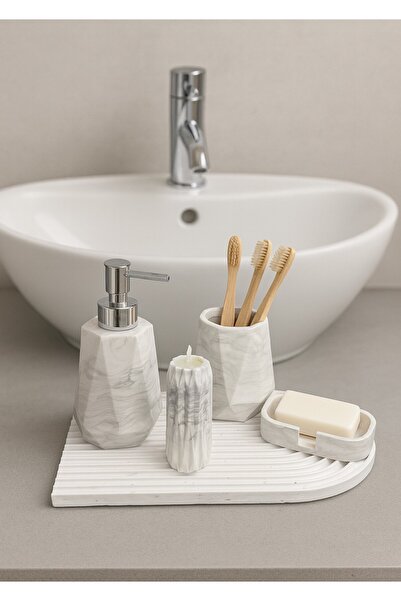 Elizovi Marble Textured 5 Piece Luxury Bathroom Set |   Soap Dish, Brush Hold...