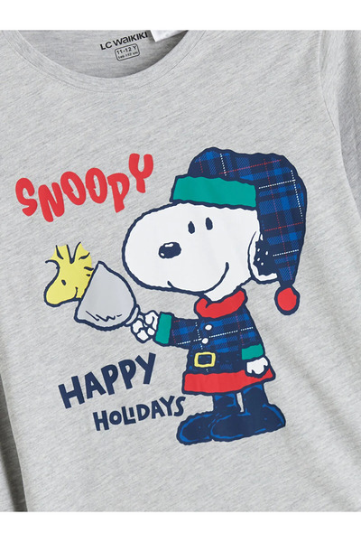 LC Waikiki LCW Kids Gri Bisiklet YEBU Yaka Snoopy Baskılı Erkek Çocuk Pijama Takımı