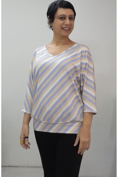 Mertcan Butik Cream Blue Latte Striped V-Neck Bat Three-Quarter Sleeve Combed Viscose T-Shirt