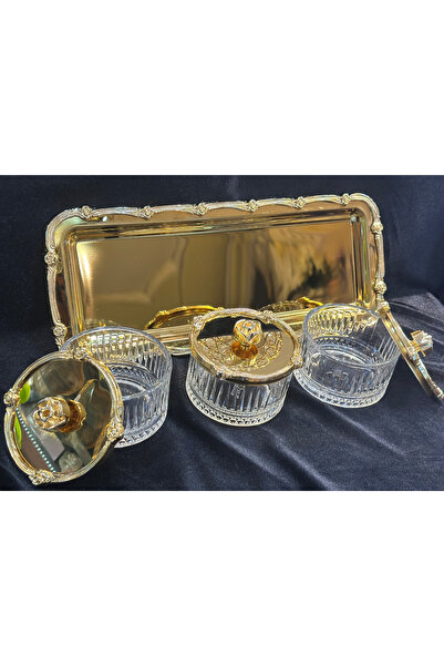 EVRA Tepsili Döküm 3 Lü Sunumluk Şekerlik Vb. GOLD RENK