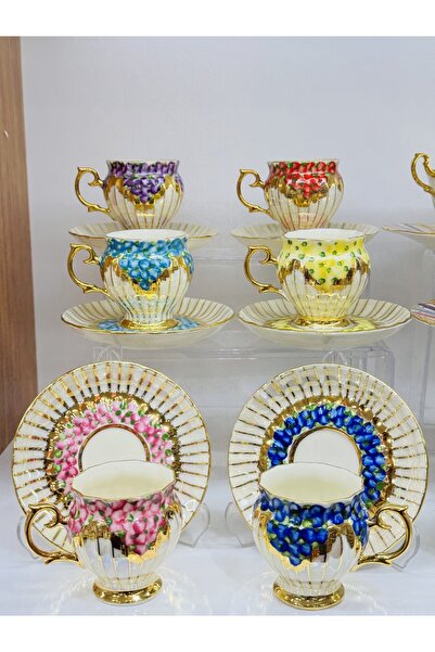 EVRA 6 Kişilik 24K Altın Yaldızlı Yeni El Boyaması Kahve Fincan Takımı m8