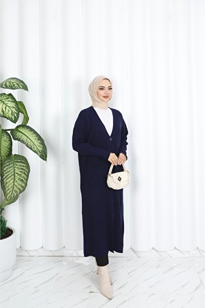 NİSUM MODA Long Knitted Cardigan with Pockets