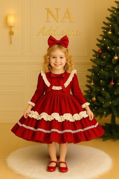 NA ADDESIGN Red Bow New Year Dress - Lace Puffy Model, Lined Girls' Party Dress