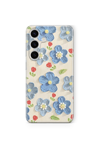 FLAMENKO Samsung Galaxy A37 Uyumlu Mavi Yağlı Boya Çiçek Desenli Şeffaf Telef...