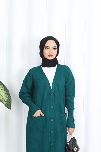 NİSUM MODA Long Knitted Cardigan with Pockets