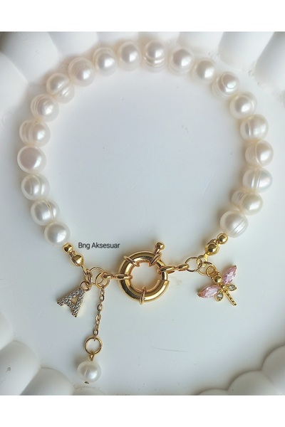 BNGaksesuar Gerçek İnci Harfli Yusufçuk Detaylı Gemici Kilit İnci Bileklik
