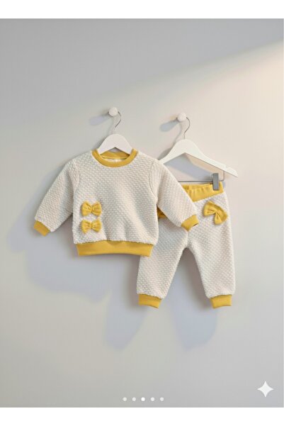 ninnigo Baby Girl Plush Bow Detailed Soft Top and Bottom Baby Set, Set of 2