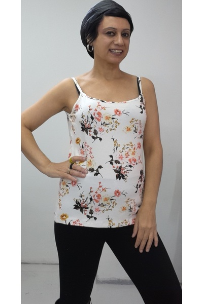 Mertcan Butik Cream Floral Patterned Rope Strap Combed Viscose T-Shirt