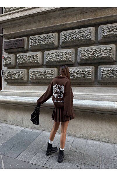 Julidress Coffee Oversized Zippered Sweatshirt and Mini Pleated Skirt Bottom Top Fleece-Lined Sets